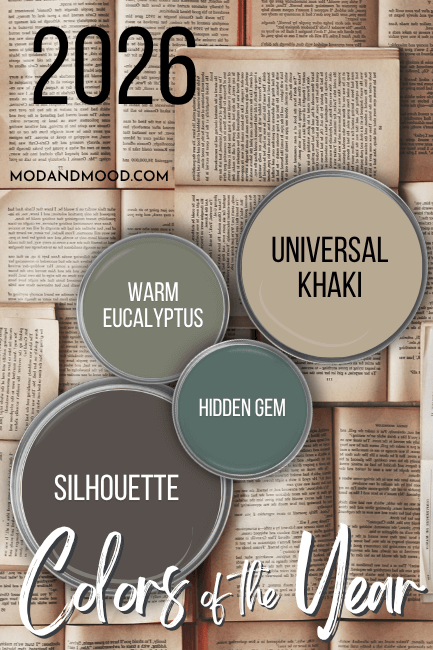 2026 Colors of the Year including Silhouette, Hidden Gem, Warm Eucalyptus, and Universal Khaki over a background of books.