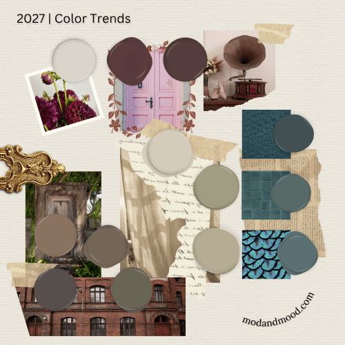 2027 color trends features paint dots of light and dark pinky purple colors, warm browns and greens, and teal colors.
