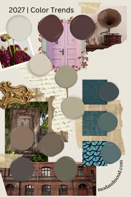 2027 color trends features paint dots of light and dark pinky purple colors, warm browns and greens, and teal colors.