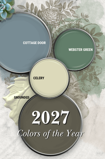 2027 Colors of the year in a palette. Colors are Cottage Door, Webster Green, Celery, and Grounded, over a watercolor and print background in similar tones.