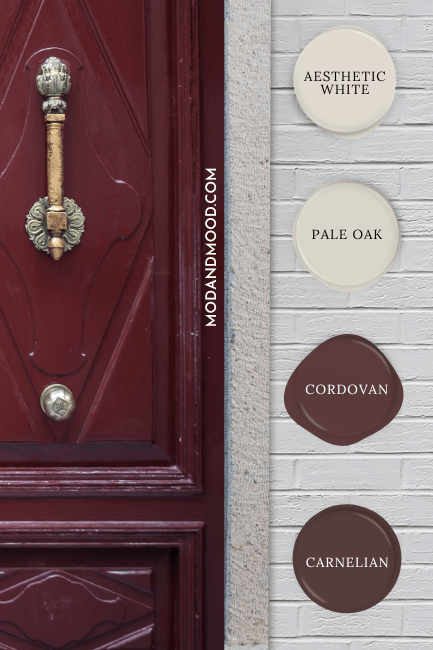 A wine colored door with aesthetic white, pale oak, cordovan, and carnelian swatched beside.