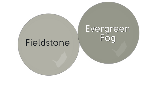 Paint dot of Fieldstone beside a paint dot of coordinating color Evergreen Fog