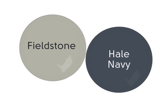 Paint dot of Fieldstone beside a paint dot of coordinating color Hale Navy