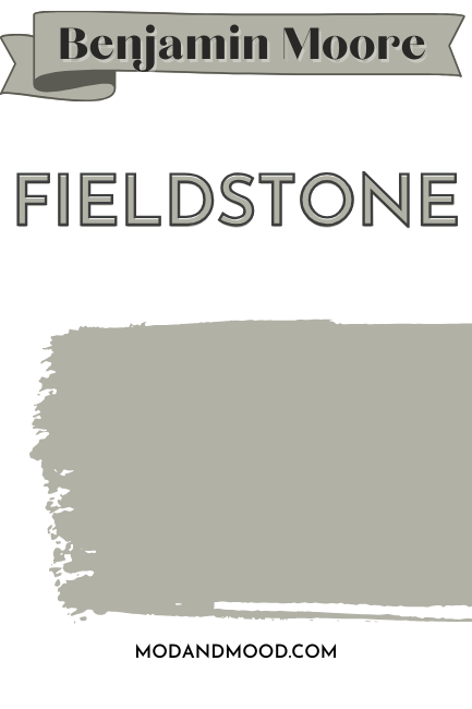 Color card for Benjamin Moore Fieldstone features a paint swipe of the color.