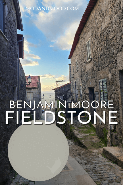 Paint dot of Fieldstone over a background photo of a narrow stone street in Europe