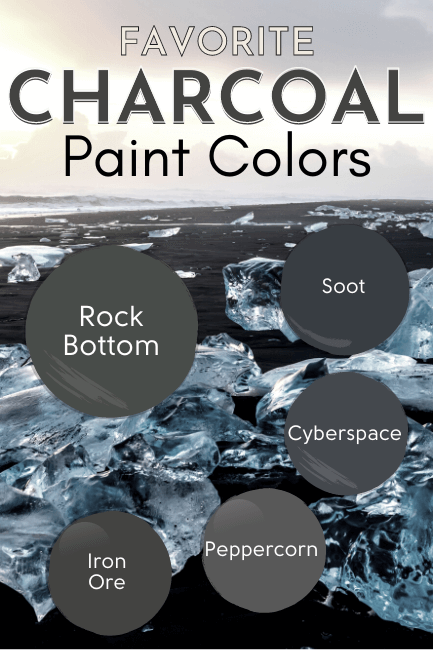 Favorite Charcoal Paint Colors features Rock Bottom, Soot, Cyberspace, Peppercorn, and Iron Ore over a background of ice on a black winterscape
