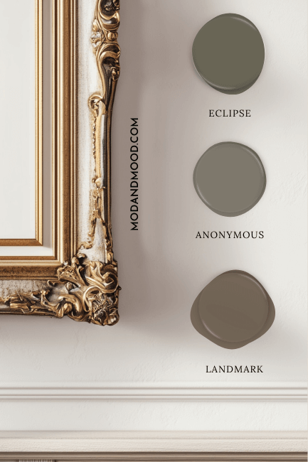 3 shades of earthy green and brown. Colors are Eclipse, Anonymous, and Landmark, over a white background with a white and brass frame
