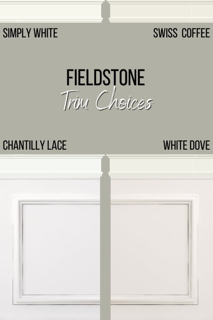 Fieldstone with a variety of trim choices including Simply White, Swiss Coffee, Chantilly Lace, White Dove.