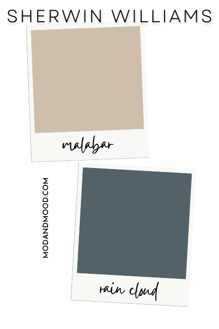 Swatch of Malabar and swatch of Sherwin Williams Rain cloud.