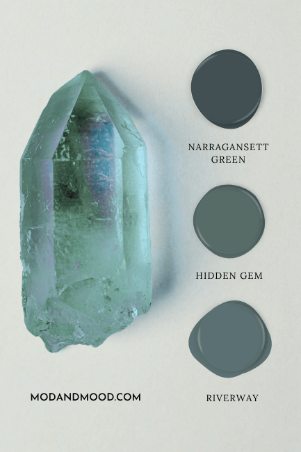 3 shades of muted teal. Colors are Narraganset Green, Hidden Gem, and Riverway, over a white background with a teal crystal.