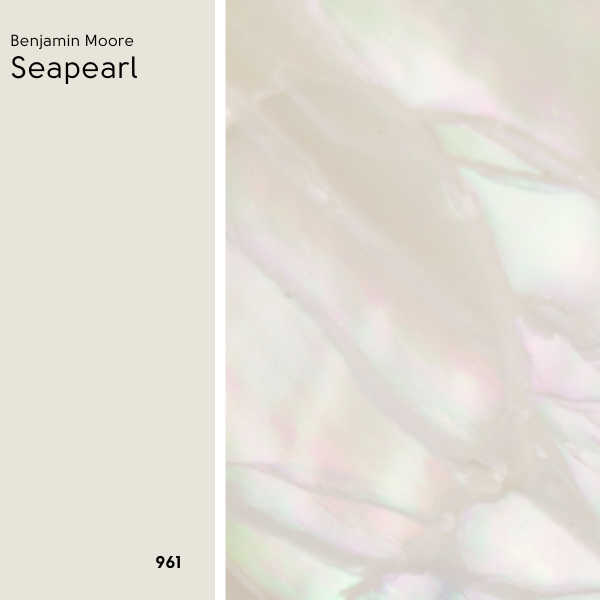 Swatch of Benjamin moore Seapearl beside a photo of mother of pearl