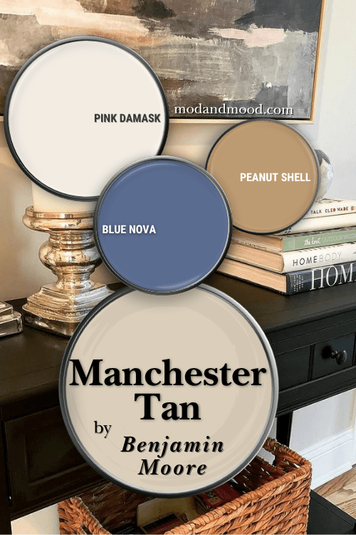 Benjamin Moore Manchester Tan color palette features Pink Damask, Peanut Shell, and Blue Nova over a background of books on a hall table in front of a Manchester Tan wall
