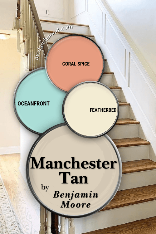 Benjamin Moore Manchester Tan color palette features Oceanfront, Coral Spice, Featherbed, and Manchester Tan over a photo of the color in a stairwell.