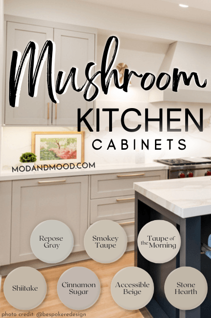 Swatches of 7 mushroom paint colors from the article over a background photo of kitchen cabinets in Repose Gray.