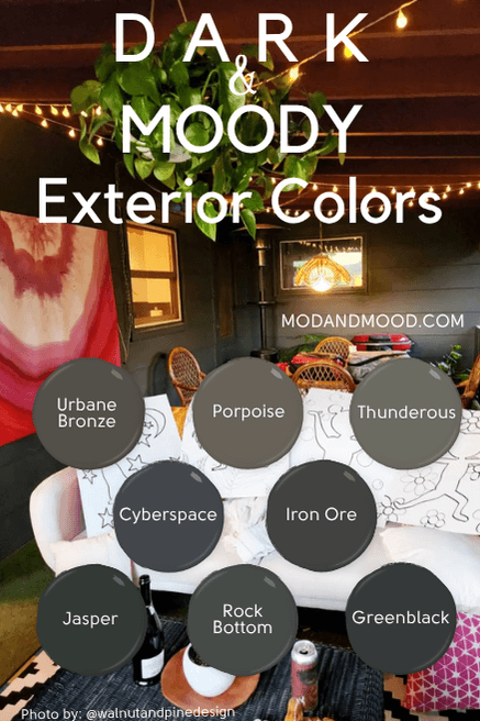 Dark and Moody Exterior paint colors from the article, swatched over a background photo of sherwin Williams Rock Bottom on exterior siding in a covered porch.