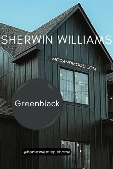 Swatch of Sherwin Williams Greenblack over a photo of the color on wide vertical siding