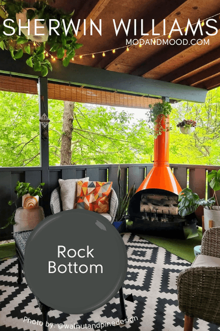 Swatch of sherwn williams rock bottom over a photo of the color on a porch.