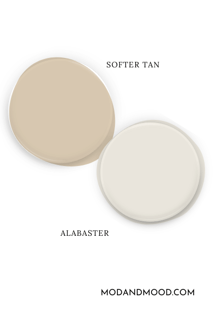 Paint dot of Softer Tan beside a paint dot of coordinating color Alabaster