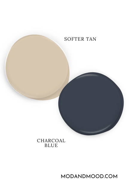 Paint dot of Softer Tan beside a paint dot of coordinating color Charcoal Blue