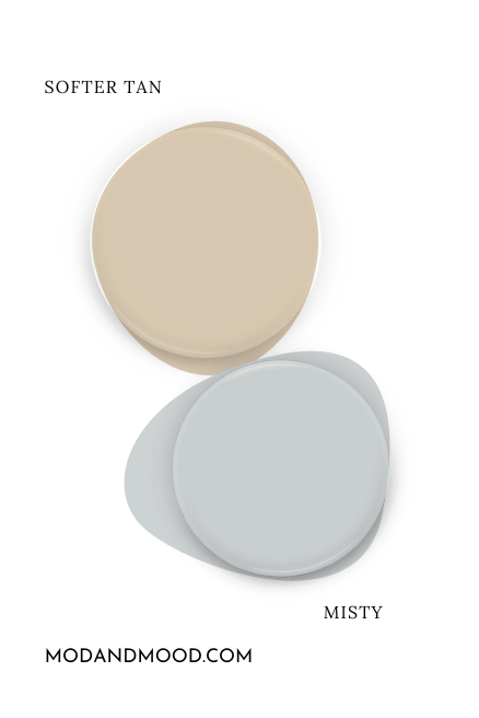 Paint dot of Sherwin Williams Softer Tan beside a paint dot of Sherwin Williams Misty.