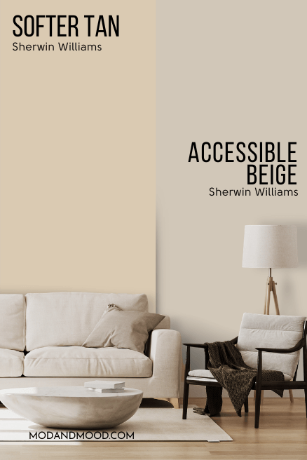 Accessible Beige on half of a wall with SW Softer Tan on the other half behind a beige sofa
