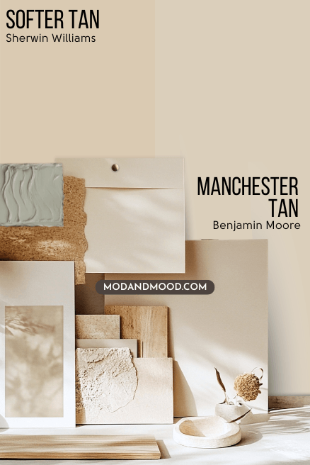Sherwin Williams Softer Tan on half of a wall with Benjamin Moore Manchester Tan on the other half, both behind a collection of neutral stationary and decor items