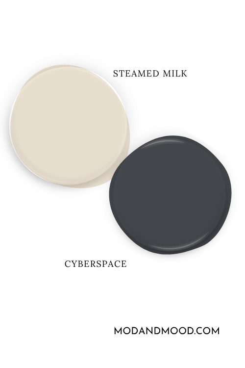 Paint dot of Sherwin Williams Steamed Milk beside a paint dot of coordinating color Sherwin Williams Cyberspace