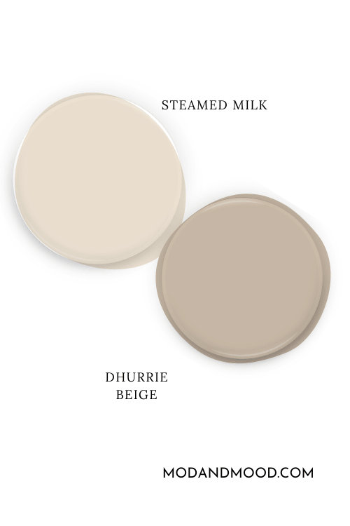 Paint dot of Sherwin Williams Steamed Milk beside a paint dot of coordinating color Sherwin Williams Dhurrie Beige