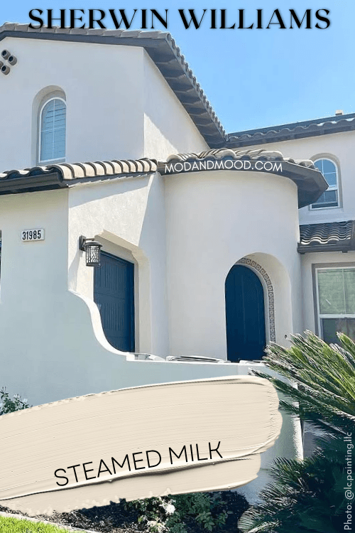 Swatch of Steamed Milk over a photo of the color on a stucco exterior.