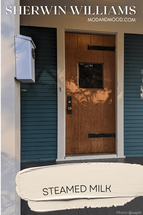 Sherwin Williams Steamed Milk on trim and columns on a teal exterior
