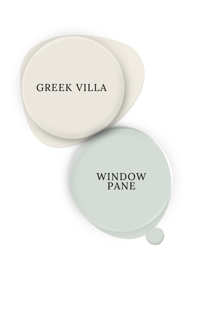 Sherwin Williams Window Pane swatched as a paint dot alongside the same of coordinating color Greek Villa.