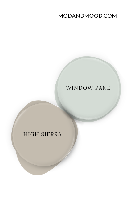 Sherwin Williams Window Pane swatched as a paint dot alongside the same of coordinating color Greek Villa.
