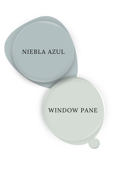 Sherwin Williams Window Pane swatched as a paint dot alongside the same of coordinating color Niebla Azul.