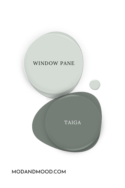 Sherwin Williams Window Pane swatched as a paint dot alongside the same of coordinating color Taiga.