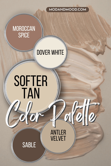Sherwin Williams Softer Tan warm color palette features Moroccan Spice, Dover White, Antler Velvet, and Sable all on small paint lids with Softer Tan on a large paint lid, over a background of neutral paint mixed together.