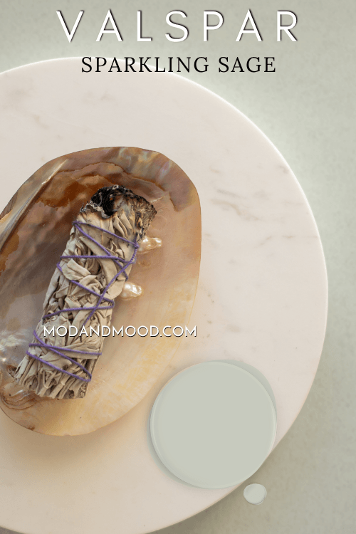 Bundle of sage in a bowl over a background of Valspar Sparkling Sage and a swatch of the color over top.