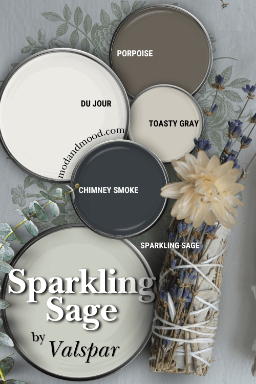 Coordinating Color Palette for Valspar Sparkling Sage features Du Jour, Toasty Gray, Porpoise, Chimney Smoke, and Sparkling Sage, all on paint lids beside a bundle of flowers and sage.