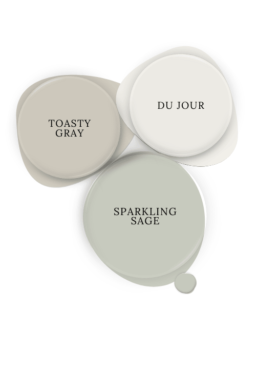 Paint dot of Valspar Sparkling Sage beside a paint dot of coordinating color Behr Toasty Gray and Du Jour