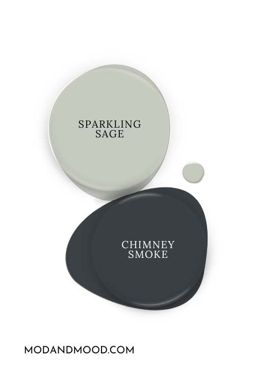 Paint dot of Valspar Sparkling Sage beside a paint dot of coordinating color Chimney Smoke