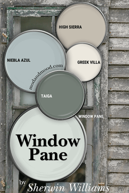 Sherwin Williams Window Pane in a color palette with coordinating colors high sierra, Niebla Azul, Greek Villa and Taiga over a background of an old window in a gray wood farmhouse.