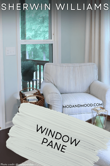 Sherwin Williams Window Pane swatched over a photo of the color on living room walls. 