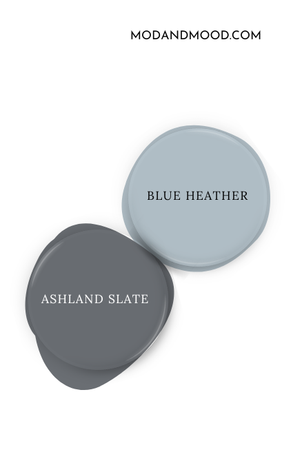 Paint dot of Benjamin Moore Blue Heather beside the same of coordinating color Ashland Slate.