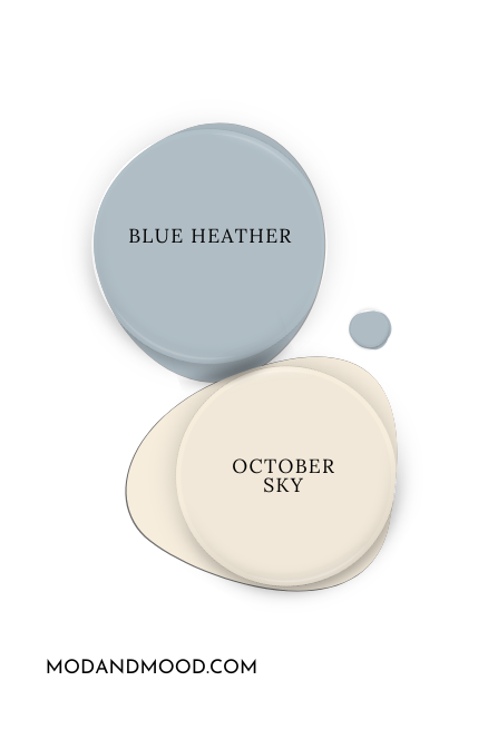 Paint dot of Benjamin Moore Blue Heather beside the same of coordinating color October Sky.