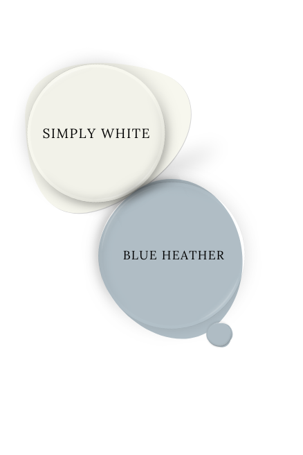 Paint dot of Benjamin Moore Blue Heather beside the same of coordinating color Simply White.