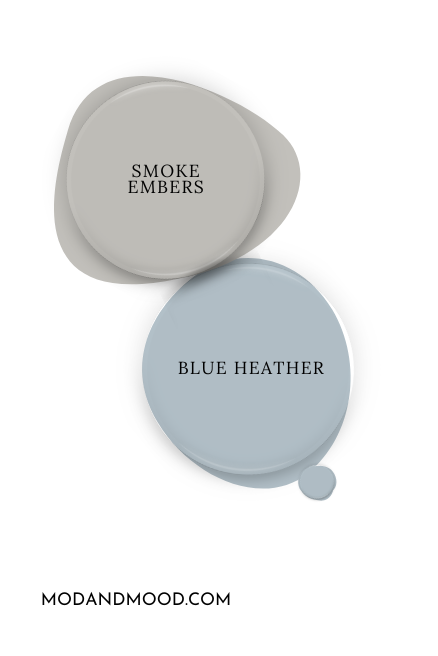 Paint dot of Benjamin Moore Blue Heather beside the same of coordinating color Smoke Embers
