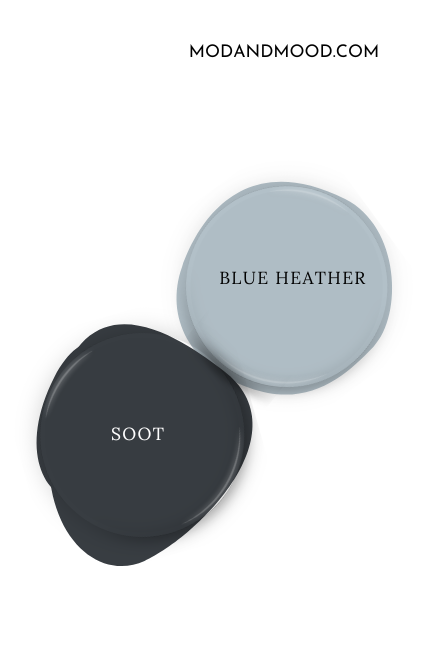Paint dot of Benjamin Moore Blue Heather beside the same of coordinating color Soot.