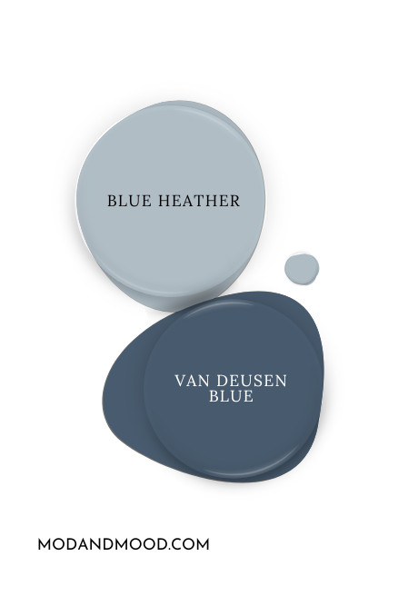 Paint dot of Benjamin Moore Blue Heather beside the same of coordinating color Van Deusen Blue.