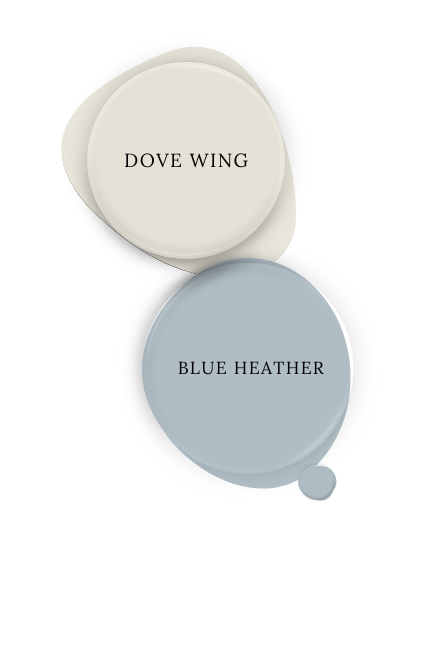 Benjamin moore Blue heather swatched as a paint dot beside the same of Dove Wing