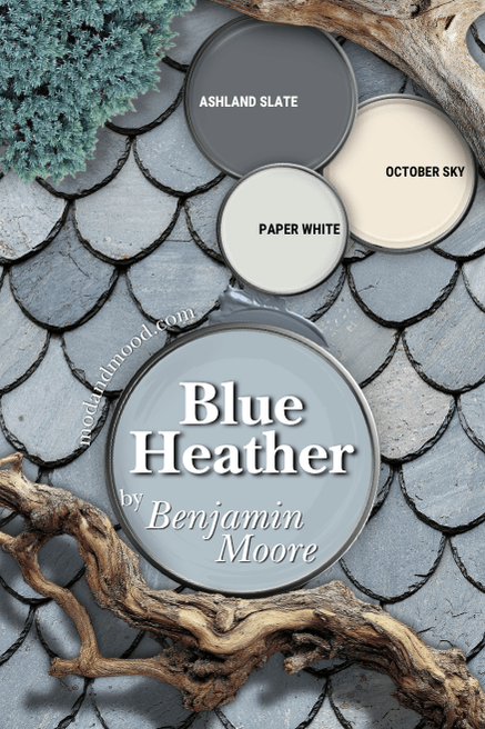 Benjamin Moore recommended Blue Heather in a color palette with Paper White, October Sky, and Ashland Slate over a background of slate tile and driftwood and shrubs