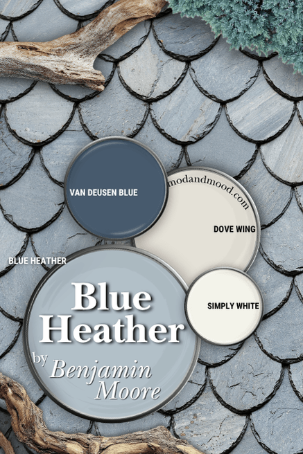 Benjamin Moore Blue Heather in a color palette with Simply White, Dove Wing, and Van Deusen Blue over a background of slate tile